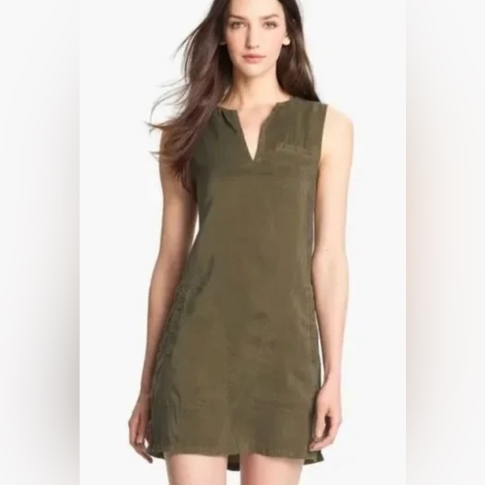 Theory Wandu %100 Silk Army Green V-Neck Dress w Pockets